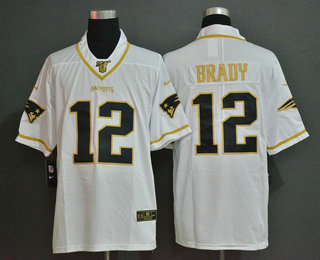 Men's New England Patriots #12 Tom Brady White 100th Season Golden Edition Jersey