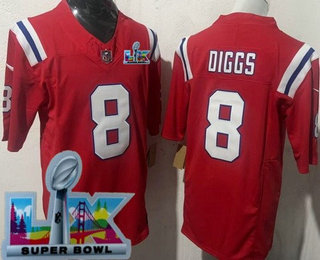 Men's New England Patriots #8 Stefon Diggs Limited Red Super Bowl LX FUSE Vapor Jersey