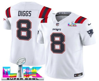 Men's New England Patriots #8 Stefon Diggs Limited White Super Bowl LX FUSE Vapor Jersey