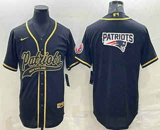 Men's New England Patriots Black Gold Team Big Logo With Patch Cool Base Stitched Baseball Jersey