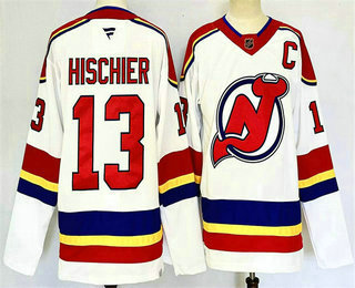 Men's New Jersey Devils #13 Nico Hischier White 2024 With C Patch Stitched Jersey