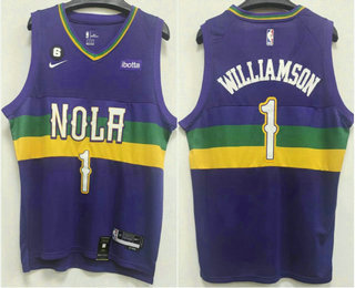 Men's New Orleans Pelicans #1 Zion Williamson 2023 Purple City Edition With 6 Patch Stitched Jersey With Sponsor