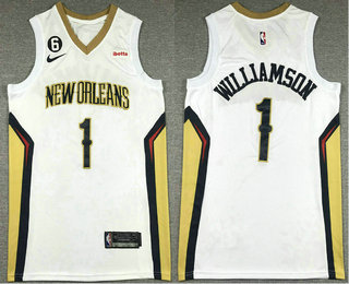 Men's New Orleans Pelicans #1 Zion Williamson White With 6 Patch Stitched Jersey With Sponsor