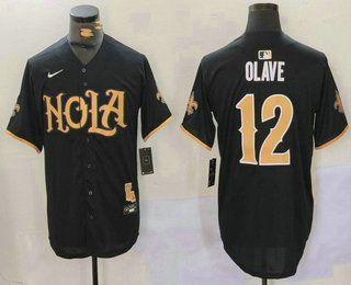 Men's New Orleans Saints #12 Chris Olave Black Cool Base Limited Stitched Baseball Jersey