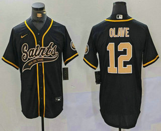 Men's New Orleans Saints #12 Chris Olave Black Cool Base Stitched Baseball Jersey