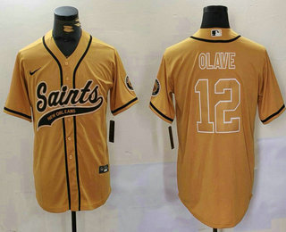 Men's New Orleans Saints #12 Chris Olave Gold Cool Base Stitched Baseball Jersey