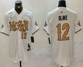 Men's New Orleans Saints #12 Chris Olave Number White Nola Baseball Jersey