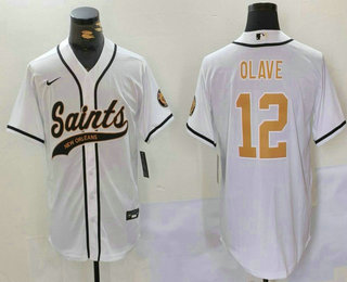 Men's New Orleans Saints #12 Chris Olave White Cool Base Stitched Baseball Jersey