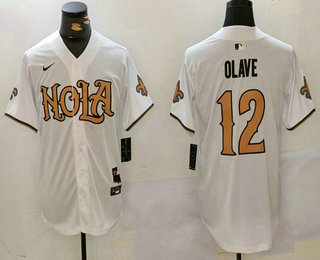 Men's New Orleans Saints #12 Chris Olave White Nola Baseball Jersey