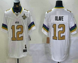 Men's New Orleans Saints #12 Chris Olave White Team Patch 2024 FUSE Vapor Limited Stitched Jersey