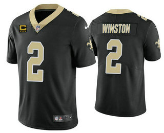 Men's New Orleans Saints #2 Jameis Winston Black With 4 star C Patch Vapor Untouchable Cool Base Stitched Jersey