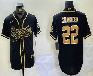 Men's New Orleans Saints #22 Rashid Shaheed Black Gold With Patch Cool Base Stitched Baseball Jersey