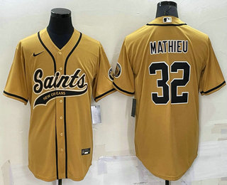 Men's New Orleans Saints #32 Tyrann Mathieu Gold Stitched MLB Cool Base Nike Baseball Jersey