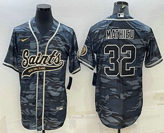 Men's New Orleans Saints #32 Tyrann Mathieu Grey Camo With Patch Cool Base Stitched Baseball Jersey