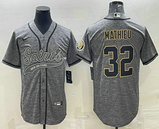 Men's New Orleans Saints #32 Tyrann Mathieu Grey Gridiron With Patch Cool Base Stitched Baseball Jersey