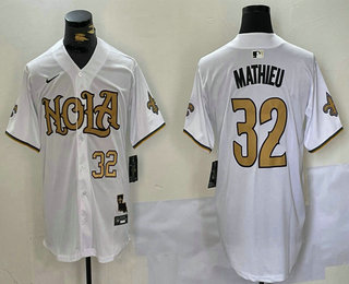 Men's New Orleans Saints #32 Tyrann Mathieu Number White Nola Baseball Jersey