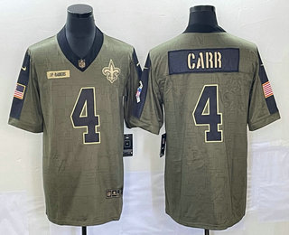 Men's New Orleans Saints #4 Derek Carr 2021 Olive Salute To Service Limited Stitched Jersey (1)