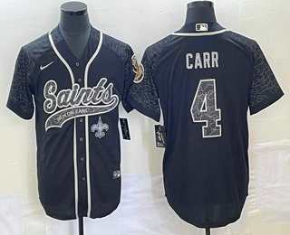 Men's New Orleans Saints #4 Derek Carr Black Reflective With Patch Cool Base Stitched Baseball Jersey