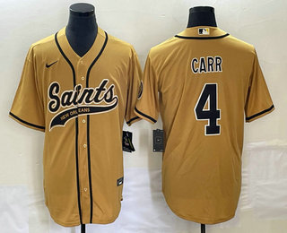 Men's New Orleans Saints #4 Derek Carr Gold With Patch Cool Base Stitched Baseball Jersey