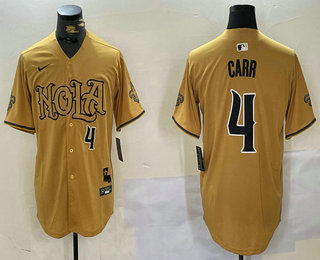 Men's New Orleans Saints #4 Derek Carr Number Yellow Nola Baseball Jersey