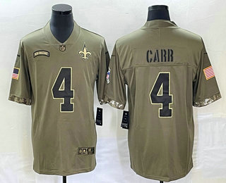 Men's New Orleans Saints #4 Derek Carr Olive 2022 Salute To Service Limited Stitched Jersey