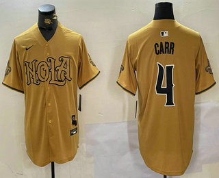 Men's New Orleans Saints #4 Derek Carr Yellow Nola Baseball Jersey