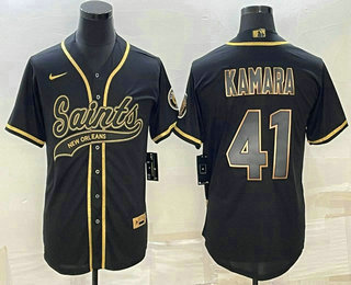 Men's New Orleans Saints #41 Alvin Kamara Black Gold With Patch Cool Base Stitched Baseball Jersey