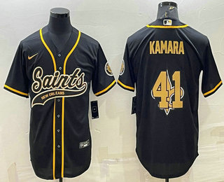 Men's New Orleans Saints #41 Alvin Kamara Black Team Big Logo With Patch Cool Base Stitched Baseball Jersey