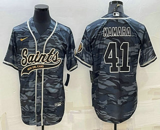 Men's New Orleans Saints #41 Alvin Kamara Grey Camo With Patch Cool Base Stitched Baseball Jersey