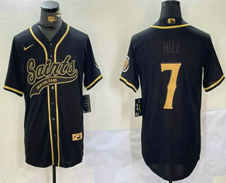 Men's New Orleans Saints #7 Taysom Hill Black Gold With Patch Cool Base Stitched Baseball Jersey