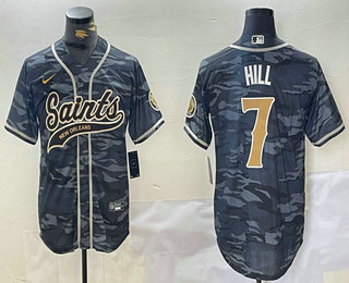 Men's New Orleans Saints #7 Taysom Hill Grey Camo With Patch Cool Base Stitched Baseball Jersey