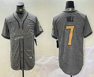 Men's New Orleans Saints #7 Taysom Hill Grey Gridiron With Patch Cool Base Stitched Baseball Jersey