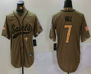 Men's New Orleans Saints #7 Taysom Hill Olive 2022 Salute To Service Cool Base Stitched Baseball Jersey