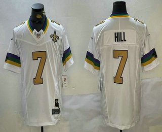 Men's New Orleans Saints #7 Taysom Hill White With Patch 2024 FUSE Vapor Limited Stitched Jersey