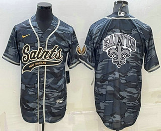 Men's New Orleans Saints Blank Grey Navy Team Big Logo With Patch Cool Base Stitched Baseball Jersey