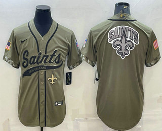 Men's New Orleans Saints Olive Salute to Service Team Big Logo Cool Base Stitched Baseball Jersey