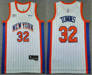 Men's New Yok Knicks #32 Karl Anthony Towns White Pinstripe 2024 City Edition Stitched Jersey