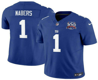 Men's New York Giants #1 Malik Nabers Blue 2024 FUSE 100TH Season Patch Vapor Limited Stitched Jersey