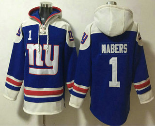 Men's New York Giants #1 Malik Nabers Blue Ageless Must Have Lace Up Pullover Hoodie