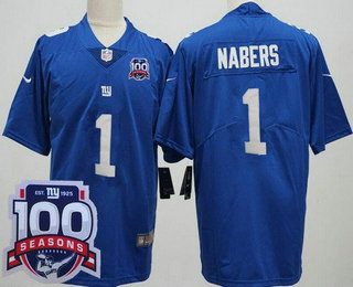 Men's New York Giants #1 Malik Nabers Limited Blue 100 Seasons Vapor Jersey