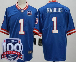 Men's New York Giants #1 Malik Nabers Limited Blue Classic 100 Seasons Vapor Jersey