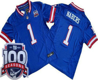 Men's New York Giants #1 Malik Nabers Limited Blue Classic FUSE 100 Seasons Vapor Jersey