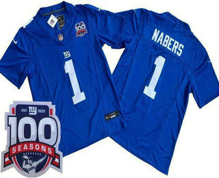 Men's New York Giants #1 Malik Nabers Limited Blue FUSE 100 Seasons Vapor Jersey