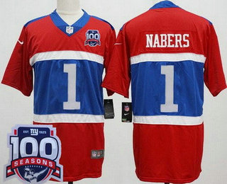 Men's New York Giants #1 Malik Nabers Limited Red Alternate 100 Seasons Vapor Jersey