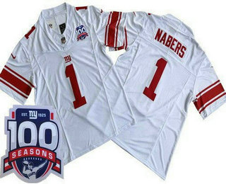 Men's New York Giants #1 Malik Nabers Limited White FUSE 100 Seasons Vapor Jersey