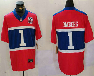 Men's New York Giants #1 Malik Nabers Red 2024 FUSE 100TH Season Patch Vapor Limited Stitched Jersey