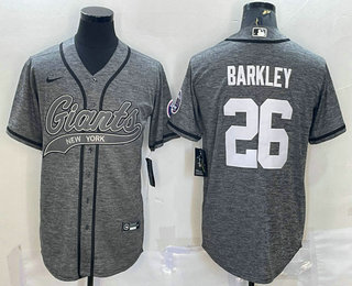 Men's New York Giants #26 Saquon Barkley Grey Gridiron With Patch Cool Base Stitched Baseball Jersey