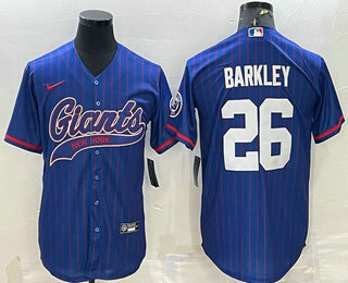 Men's New York Giants #26 Saquon Barkley Pinstripe Blue With Patch Cool Base Stitched Baseball Jersey