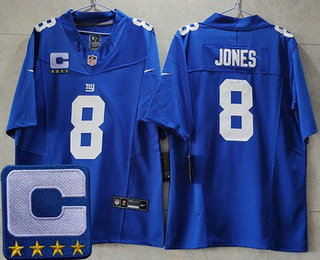 Men's New York Giants #8 Daniel Jones Limited Blue 2023 Captian Patch FUSE Vapor Jersey