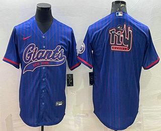 Men's New York Giants Blue Team Big Logo With Patch Cool Base Stitched Baseball Jersey